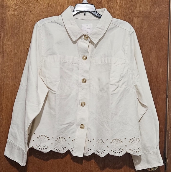 LC Lauren Conrad/ Trucker Jacket /100% cotton /eyelet hem/ plus size/ivory color - Picture 4 of 13